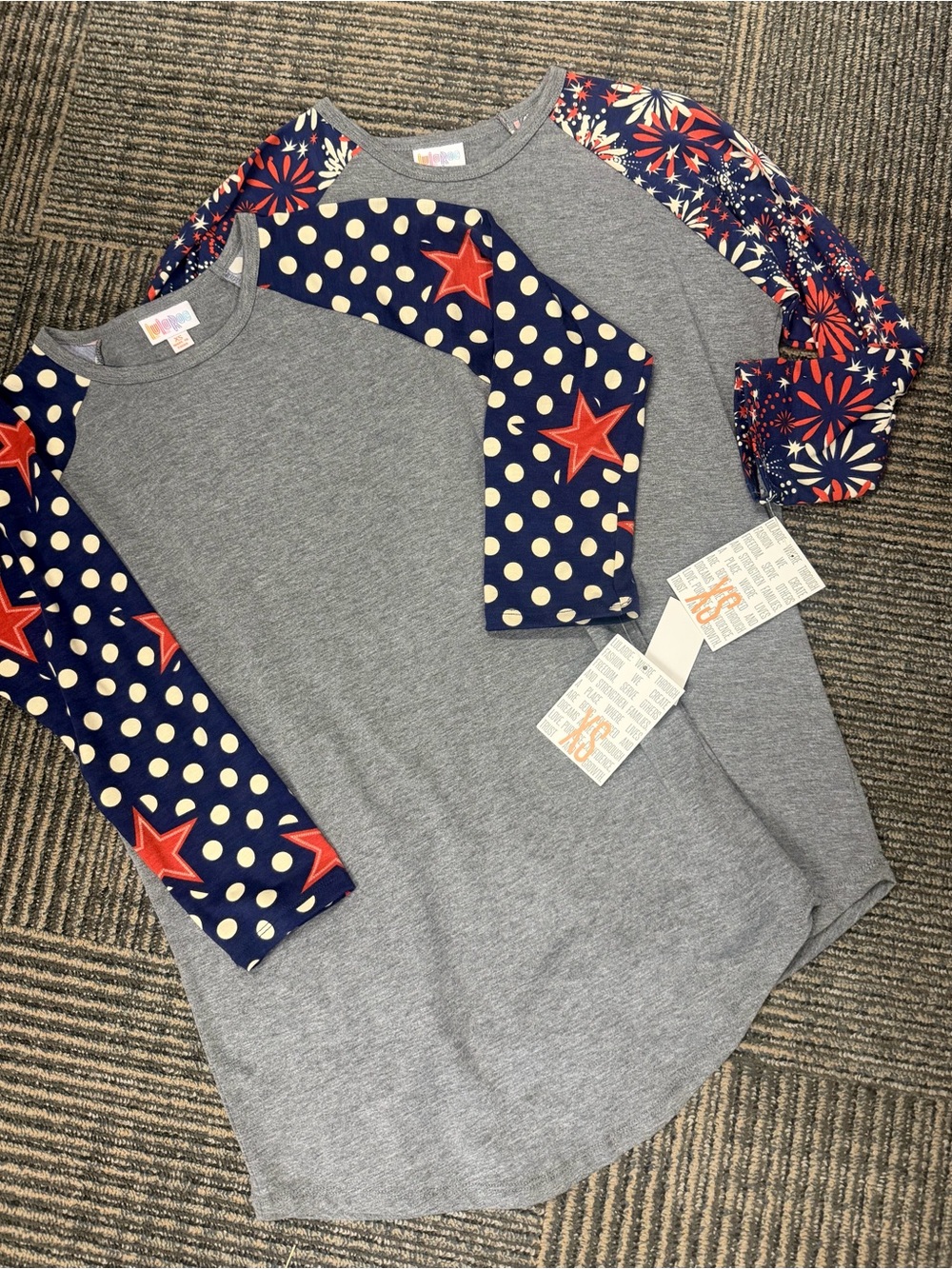 2 NWT LuLaRoe Randy Grey Raglan Top Stars Fireworks 4th of July Sz XS